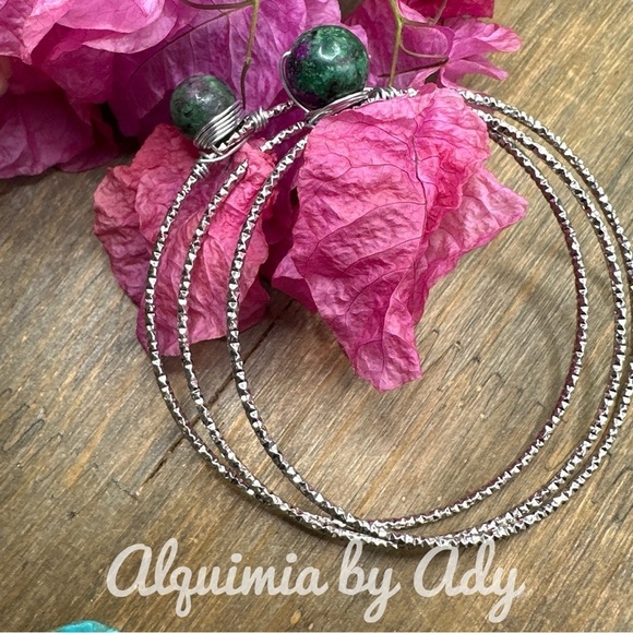 Set Silver bangle bracelet ruby zoisite brac stack - Picture 2 of 6